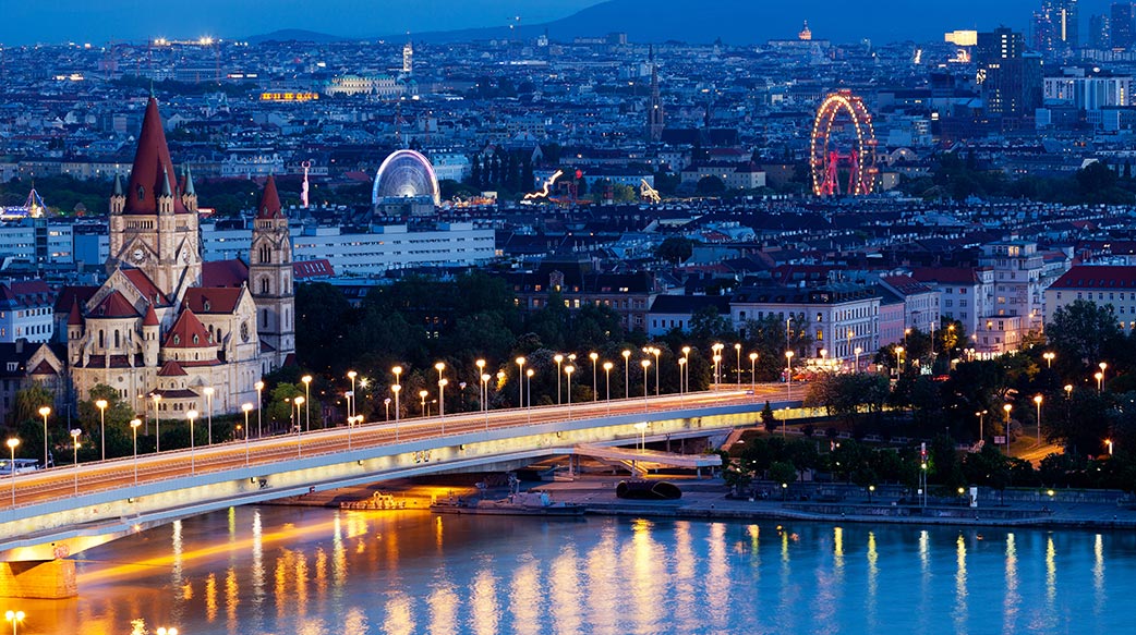 維也納 奧地利 多瑙河 河 黃昏 黃昏 黃昏 夜 城市 城市景觀 天際線 高角度視圖 全景 鳥瞰圖 旅遊目的地 建築 橋